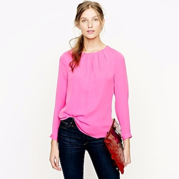 J. Crew Tops - J. Crew Hot Pink 3/4 Sleeve Crew Neck Silk Blouse